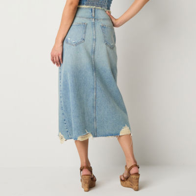 Arizona Womens Mid Rise Midi Denim Skirt-Juniors