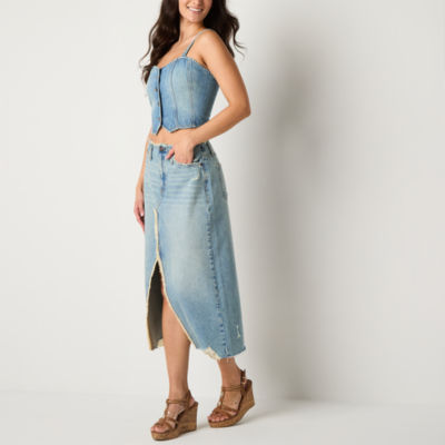 Arizona Womens Mid Rise Midi Denim Skirt-Juniors