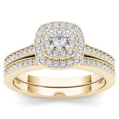 Womens 1/2 CT. T.W. Natural White Diamond 10K Gold Cushion Side Stone Halo Bridal Set