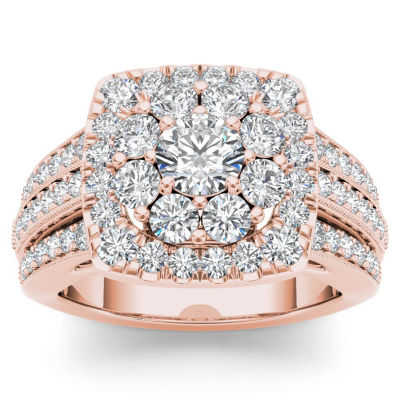 Womens 2 CT. T.W. Natural White Diamond 14K Gold Cushion Side Stone Halo Engagement Ring