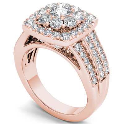 Womens 2 CT. T.W. Natural White Diamond 14K Gold Cushion Side Stone Halo Engagement Ring