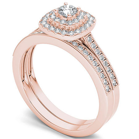 Womens 1/2 CT. T.W. Natural White Diamond 10K Gold Cushion Halo Bridal Set, 6 1/2, Rose