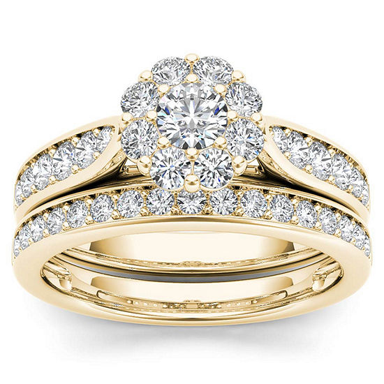 Womens 1 CT. T.W. Genuine White Diamond 14K Gold Round Halo Bridal Set