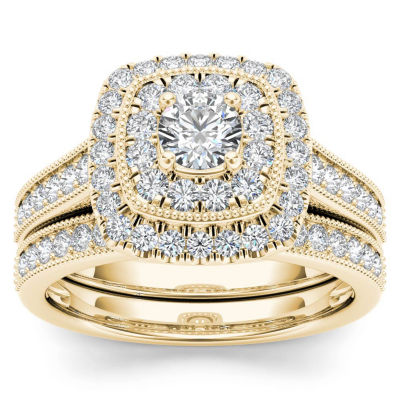 Womens 3/4 CT. T.W. Natural White Diamond 14K Gold Cushion Side Stone Halo Bridal Set
