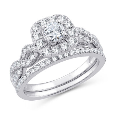 Womens 1 CT. T.W. Natural White Diamond 10K Gold Cushion Side Stone Halo Bridal Set