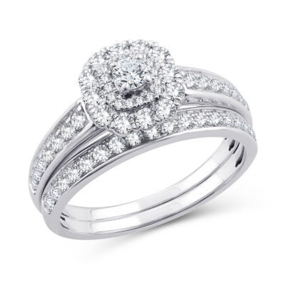 Womens 1 CT. T.W. Natural White Diamond 10K Gold Cushion Side Stone Halo Bridal Set