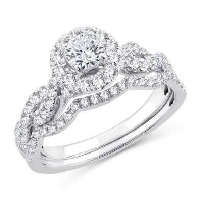 Womens 1 CT. T.W. Natural White Diamond 10K Gold Round Side Stone Halo Bridal Set