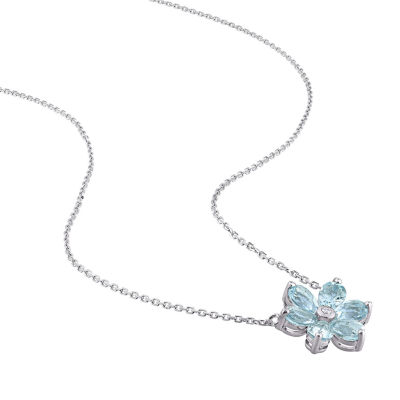 Womens Diamond Accent Genuine Blue Aquamarine 14K White Gold Flower 17 Inch Pendant Necklace