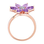 Womens Diamond Accent Genuine Purple Amethyst 10K Rose Gold Flower Cocktail Ring