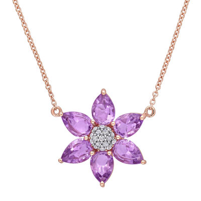 Womens Diamond Accent Genuine Purple Amethyst 10K Rose Gold Flower Pendant Necklace
