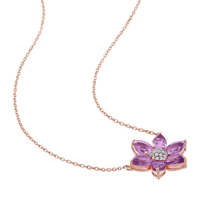 Womens Diamond Accent Genuine Purple Amethyst 10K Rose Gold Flower 17 Inch Pendant Necklace