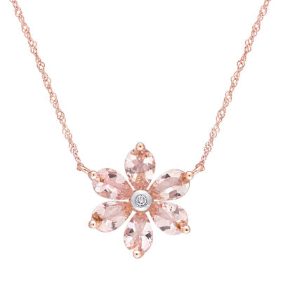 Womens Diamond Accent Genuine Pink Morganite 10K Rose Gold Flower Pendant Necklace