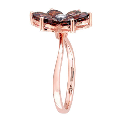 Womens Diamond Accent Genuine Red Garnet 10K Rose Gold Flower Cocktail Ring