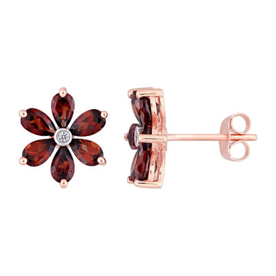 Diamond Accent Genuine Red Garnet 10K Rose Gold 13mm Flower Stud Earrings