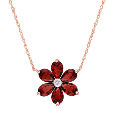 Womens Diamond Accent Genuine Red Garnet 10K Rose Gold Flower Pendant Necklace