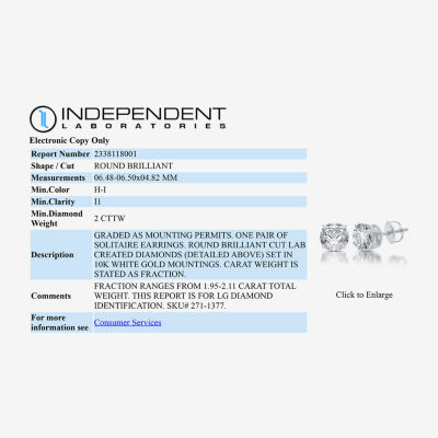 Ever Star (G / SI1-SI2) 2 CT. T.W. Lab Grown White Diamond 10K or 14K Gold 6.3mm Stud Earrings