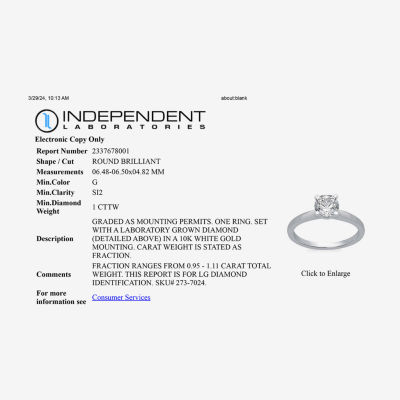 1 CT. Lab-Grown (G / SI2) Diamond Round Solitaire Engagement Ring 10K or 14K Gold