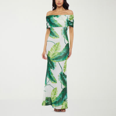 Premier Amour Off The Shoulder Womens Short Sleeve Leaf Maxi Dress