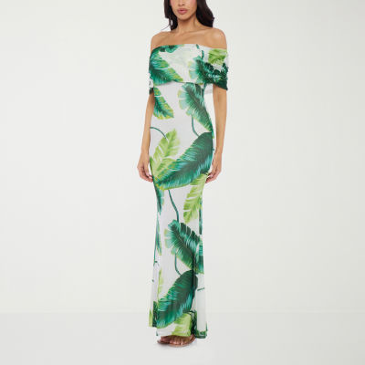 Premier Amour Off The Shoulder Womens Short Sleeve Leaf Maxi Dress