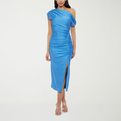Premier Amour Womens One Shoulder Short Sleeve Midi Sheath Dress