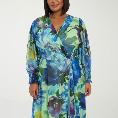 London Times Womens Long Sleeve Floral Maxi Dress Plus