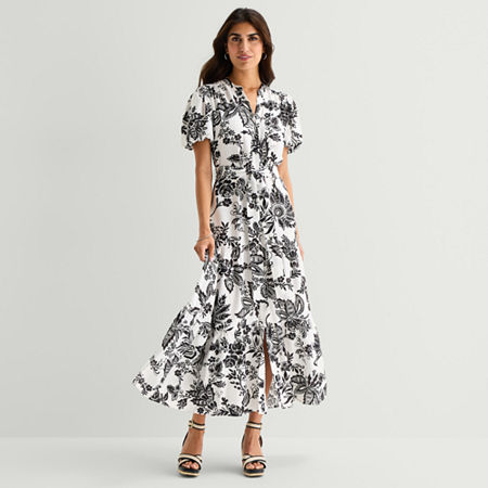 MSK Womens V Neck Short Sleeve Puffed Maxi Dress