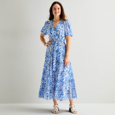 MSK Womens V Neck Short Sleeve Puffed Maxi Dress