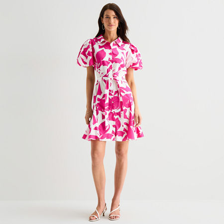 MSK Womens Short Sleeve Puffed Floral Fit + Flare Dress