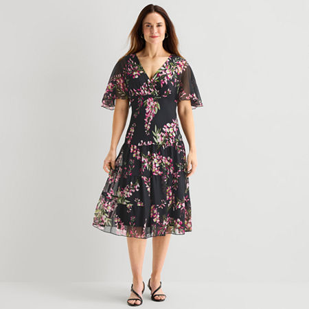 Connected Apparel Womens V Neck Short Sleeve Flutter Floral Fit + Flare Dress