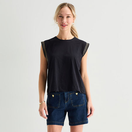 Liz Claiborne Womens Round Neck Sleeveless Blouse, Petite Small, Black