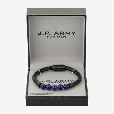 J.P. Army Men's Jewelry Lapis Stainless Steel 8 1/2 Inch Box Beaded Bracelet