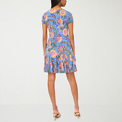 Be by CHETTA B Womens Short Sleeve Medallion Fit + Flare Dress Plus