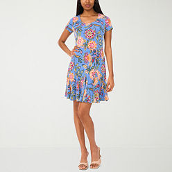 Be by CHETTA B Womens Short Sleeve Medallion Fit + Flare Dress Plus