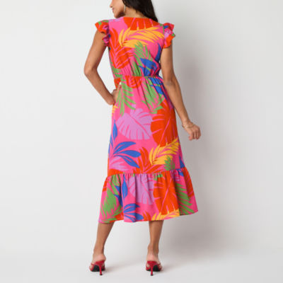 52seven Womens Short Sleeve Floral Midi Fit + Flare Dress Petite