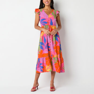 52seven Womens Petite Short Sleeve Floral Midi Fit Flare Dress