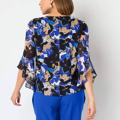 Black Label by Evan-Picone Floral Womens Crew Neck 3/4 Sleeve Blouse