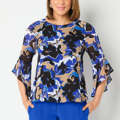 Black Label by Evan-Picone Floral Womens Crew Neck 3/4 Sleeve Blouse