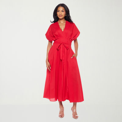 Premier Amour Womens Midi V Neck Short Sleeve Dolman Fit + Flare Dress
