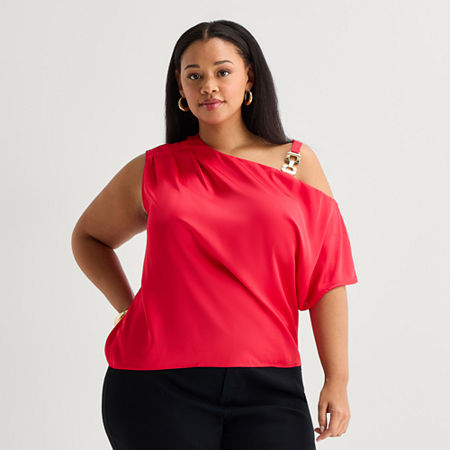 Bold Elements Womens Plus Asymmetrical Neck Short Sleeve Satin Blouse