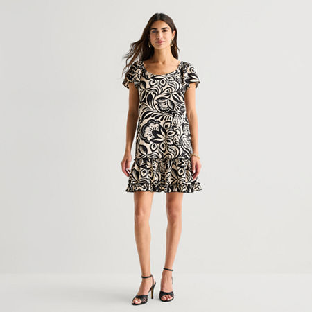 Isabel & Nina Womens Round Neck Short Sleeve Leaf Shift Dress