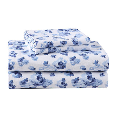 Laura Ashley 100% Cotton Brushed Flannel Sheet Set, One Size, Blue