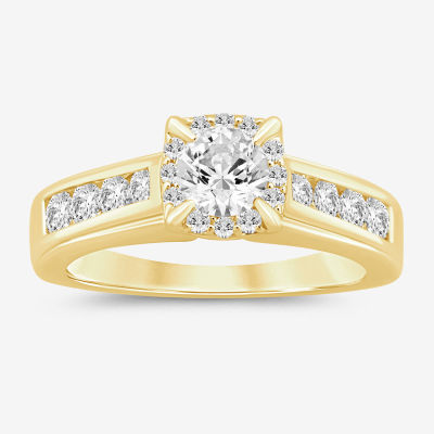 (I / Si2) Womens 1 CT. T.W. Lab Grown White Diamond 10K Gold Round Side Stone Halo Engagement Ring