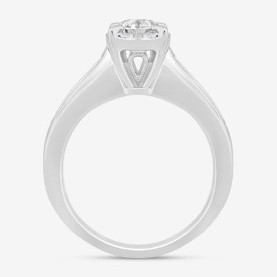 (I / Si2) Womens 1 CT. T.W. Lab Grown White Diamond 10K Gold Round Side Stone Engagement Ring