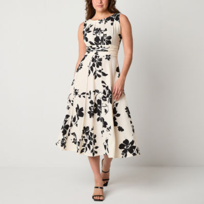 Perceptions Womens Sleeveless Floral Midi Fit + Flare Dress