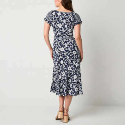 Perceptions Womens Short Sleeve Floral Midi Fit + Flare Dress