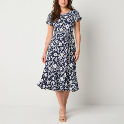 Perceptions Womens Short Sleeve Floral Midi Fit + Flare Dress