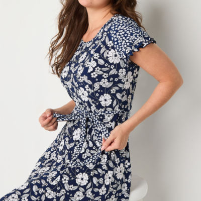 Perceptions Womens Short Sleeve Floral Midi Fit + Flare Dress