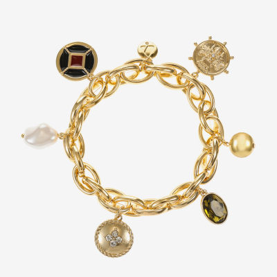Liz Claiborne Gold Tone Nautical Womens Glass Simulated Pearl Charm Bracelet