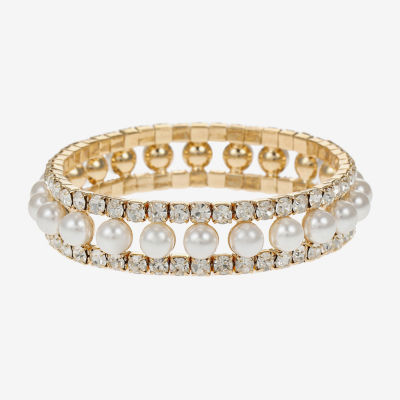Monet Jewelry Timeless Gold Tone Womens Glass Simulated Pearl Stretch Bracelet