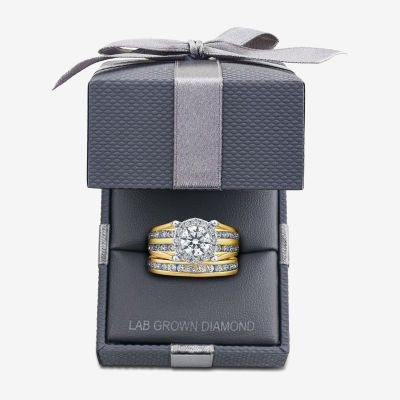 (G / Si1-Si2) Womens 3 CT. T.W. Lab Grown White Diamond 10K Gold Round Side Stone Halo Bridal Set